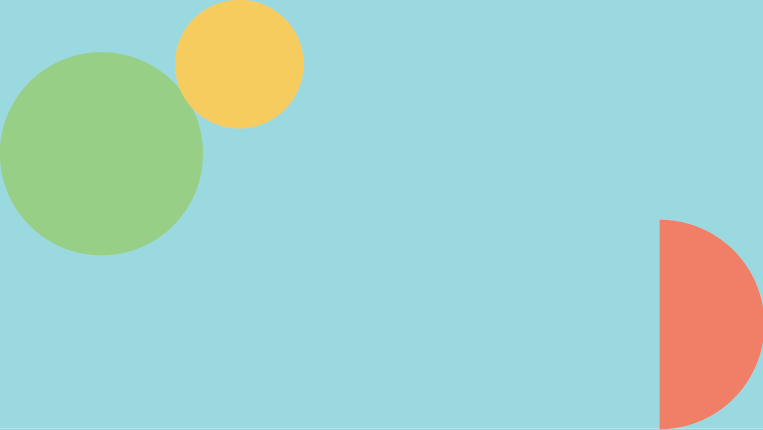 Fundo azul com duas circunferências em cima do lado esquerdo, uma maior do que outra, com cores diferentes (verde e amarela). Em baixo do lado direito uma meia circunferência com outra cor (vermelho-claro)